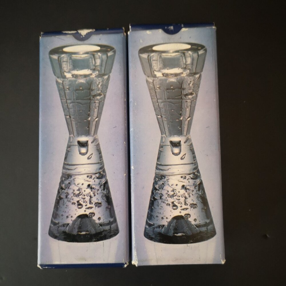 VTG Littala Arkipelago Set of 2 Clear Glass Art Candle Holder 5.5" Finland